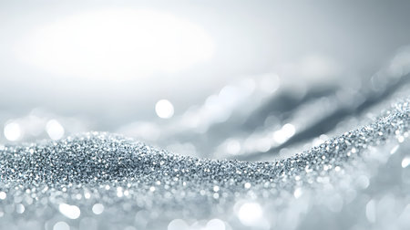 A closeup view reveals a mesmerizing texture of fine silver glitter, creating a soft, shimmering surface. The bright, diffused light evokes a feeling of elegance and celebration.の素材