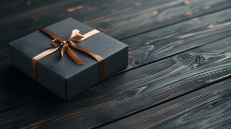 A sophisticated black gift box is tied with a bronze ribbon, resting on a rustic dark wooden surface. The image evokes a sense of luxury and anticipation for a special occasion.の素材