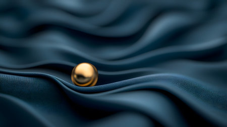 A single golden sphere rests on flowing dark blue silk. The luxurious texture and gentle folds create an elegant and sophisticated mood.の素材