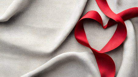 A vibrant red ribbon is artfully shaped into a heart on a soft, textured fabric. The contrast creates a romantic and elegant feel.の素材
