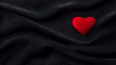 A single, plush red heart rests elegantly on draped black fabric, creating a striking visual of love and passion. The deep contrast evokes a sense of intimacy and romance.の素材