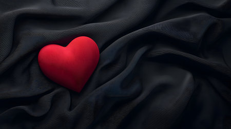 A single red heart rests on a dark, textured fabric. The contrast creates a dramatic and romantic mood.の素材