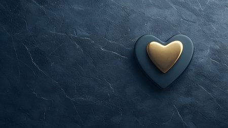 A polished gold heart is nestled within a dark gray heart, set against a textured dark blue marble surface. The composition evokes a sense of elegance and preciousness.の素材