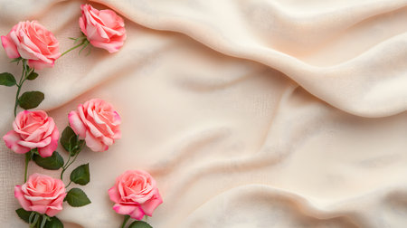Several delicate pink roses with green leaves are artfully arranged on a flowing creamcolored silk fabric. The scene evokes a feeling of luxury and gentle romance.の素材