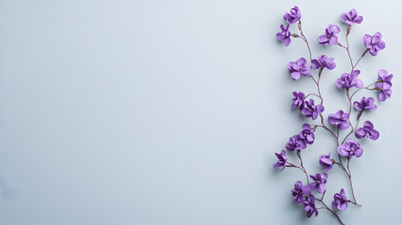 A delicate branch adorned with small purple flowers is positioned on the right side of a soft, light bluegray background.の素材