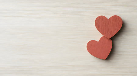 Two rustic red wooden hearts are placed on a light wood grain surface. The composition evokes feelings of love and connection.の素材