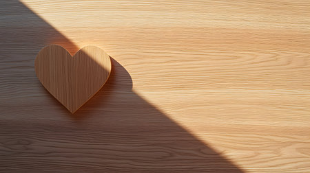 A single light brown wooden heart rests on a textured wood surface, casting a long shadow. The warm sunlight creates a peaceful and contemplative mood.の素材