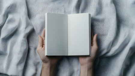 Two hands gently hold open a blank notebook, its pages waiting to be filled. The soft fabric creates a cozy and inviting atmosphere.の素材