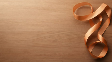 A flowing copper ribbon curves gracefully across a warm, textured wooden surface. The soft lighting creates a sophisticated and inviting atmosphere.の素材