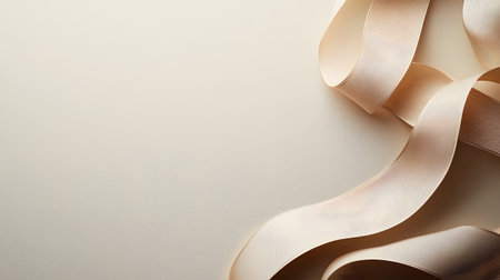 A soft beige ribbon gracefully unfurls across a matching cream background. The elegant curves and subtle shadows create a sophisticated and minimalist aesthetic.の素材