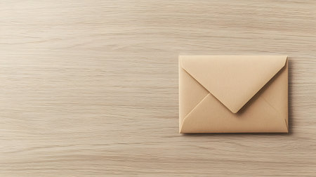 A single closed kraft paper envelope rests on a lightcolored wooden surface. The image evokes a feeling of simplicity and potential.の素材