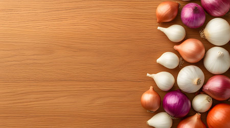 A vibrant overhead view showcases a variety of fresh onions, including red, white, and yellow varieties, neatly arranged on a warm, textured wooden background.の素材