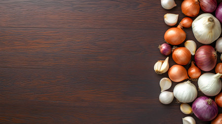 A variety of whole and peeled onions and garlic cloves are artfully arranged on a dark, textured wooden background.の素材