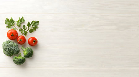 A vibrant overhead shot features fresh broccoli florets and ripe cherry tomatoes artfully arranged on a clean white wooden surface.の素材