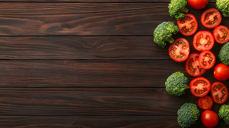 A healthy assortment of fresh broccoli florets and vibrant tomato slices are artfully scattered on a dark, rustic wooden background.の素材