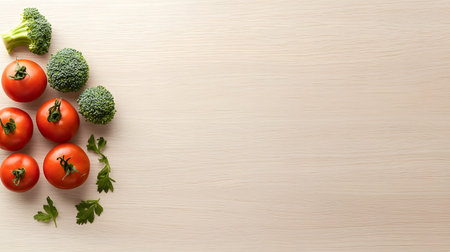 A bright, clean shot showcases fresh tomatoes, broccoli florets, and parsley sprigs arranged on a lightcolored countertop.の素材