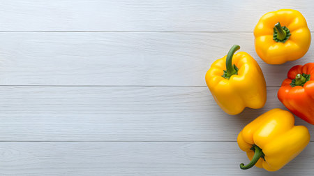 A bright and cheerful arrangement of yellow and orange bell peppers scattered on a clean white wooden surface.の素材