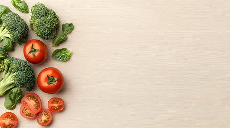 This image features a closeup view of broccoli halves, sliced tomatoes, and fresh basil leaves arranged on a textured light wood background.の素材