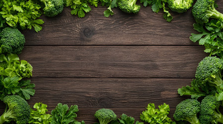 A decorative border of fresh broccoli florets and vibrant green leafy vegetables frames a dark, textured wooden background.の素材