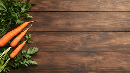 A bunch of fresh carrots with vibrant green leafy tops is placed on the left side of a dark wooden plank background.の素材