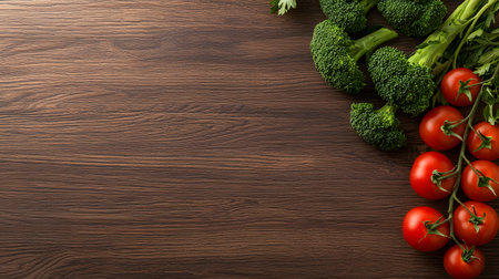 A topdown view showcases vibrant broccoli florets and ripe cherry tomatoes artfully arranged on a rich, dark wooden table.の素材