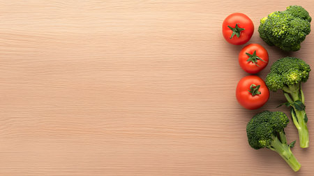 A vibrant arrangement of fresh broccoli florets and ripe red tomatoes are neatly placed on a light wooden surface.の素材