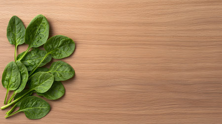 A cluster of vibrant green spinach leaves rests on a lightcolored wooden surface. This image evokes freshness and healthy eating, perfect for food blogs or healthrelated content.の素材