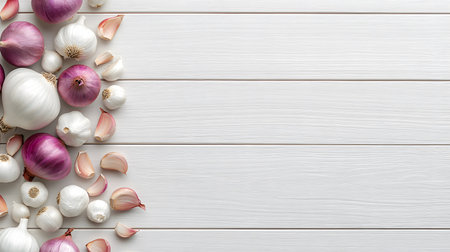 A vibrant border of fresh red onions and garlic cloves is artfully arranged on a clean, white wooden surface.の素材