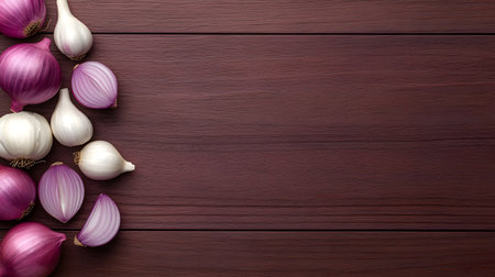 A rustic arrangement of whole and halved red onions alongside garlic bulbs is presented on a dark, rich wooden background.の素材