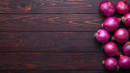 A collection of fresh red onions is artfully arranged on a rustic dark wood surface.の素材
