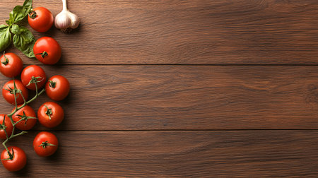 A vibrant overhead shot showcases ripe cherry tomatoes on the vine, paired with a bulb of garlic and fresh basil leaves.の素材
