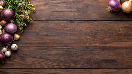 A topdown view of a dark wooden table featuring a border of fresh red onions, garlic, and herbs on the left side.の素材