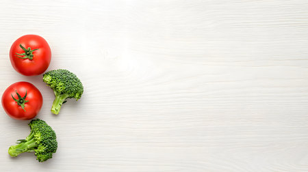 This image showcases two bright red tomatoes and two broccoli florets positioned on a light white wooden background.の素材