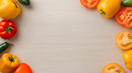 A colorful assortment of fresh bell peppers and sliced tomatoes arranged in a frame on a light wooden surface. Ideal for food blogs, recipes, and healthy eating content.の素材