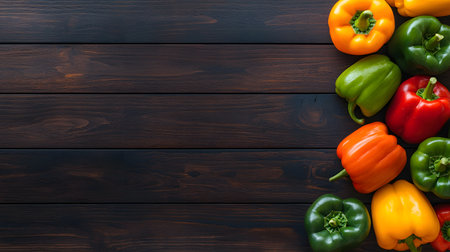 A colorful assortment of fresh bell peppers, including red, green, orange, and yellow, are artfully displayed on a rustic wooden surface.の素材