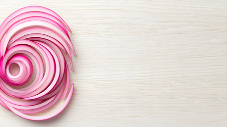 Thin, translucent slices of red onion artfully arranged in a swirling pattern on a bright, light wood grain surface.の素材