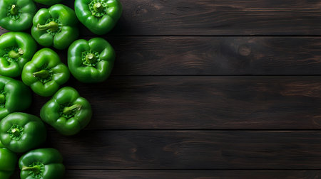 A collection of bright green bell peppers is presented against a dark, rustic wooden surface, captured from a highangle perspective.の素材