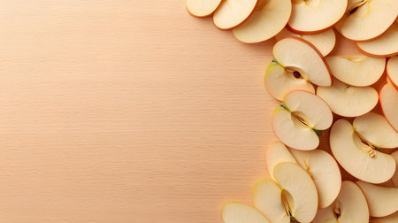 A vibrant arrangement of fresh apple slices forms a border on a light wooden surface.の素材