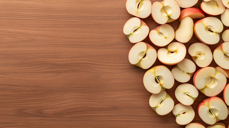 A vibrant collection of sliced red apples arranged on a warm, textured wood grain background.の素材