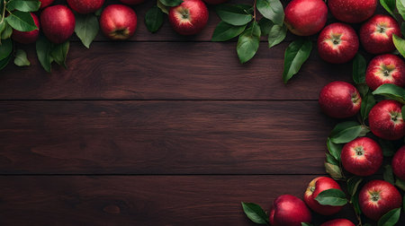 A rich, dark wooden background is adorned with a natural border of ripe red apples and lush green leaves, creating a rustic and inviting feel.の素材