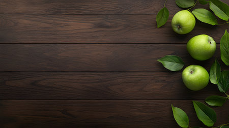 This image features several bright green apples nestled amongst fresh leaves on a rich, dark wooden surface.の素材