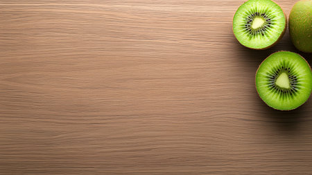 Freshly sliced kiwi fruit arranged on a lightcolored wooden table. The image evokes a sense of health and natural freshness, perfect for food blogs or healthy eating campaigns.の素材