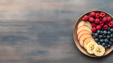 A vibrant arrangement of fresh raspberries, blueberries, and apple slices is presented on a rustic wooden surface.の素材