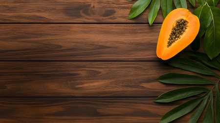 A vibrant half papaya sits on a rich, dark wood background, accented by lush green leaves.の素材
