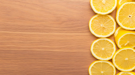 A lively border of perfectly sliced lemons creates a vibrant frame against a warm, natural wood grain background.の素材