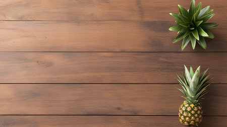 A whole pineapple and its vibrant green leafy top are artfully arranged on a warm, brown wooden plank surface.の素材