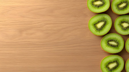 A vibrant border of fresh kiwi slices is presented on a light, smooth wooden background.の素材
