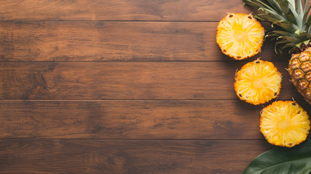 Several bright yellow pineapple slices and a whole pineapple are positioned on the right side of a dark, textured wooden plank background.の素材