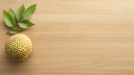 A single durian rests on a light wood grain background, accompanied by a sprig of vibrant green leaves.の素材