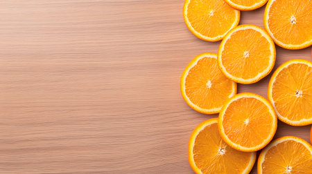 Freshly cut orange slices are artfully arranged on a warm, lighttoned wooden background, creating a vibrant and healthy visual.の素材